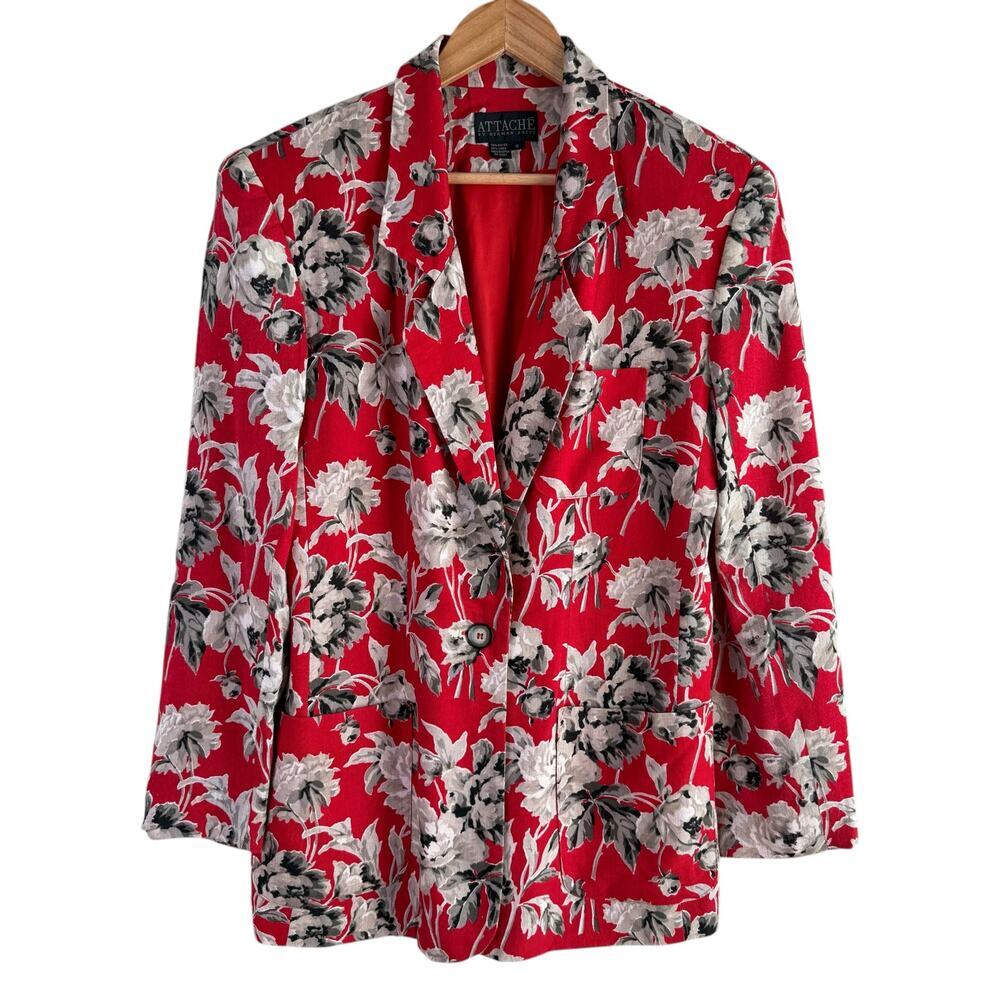 Vintage 80s Attaché by Herman Geist Linen Red Floral Blazer Jacket, Size 8‎